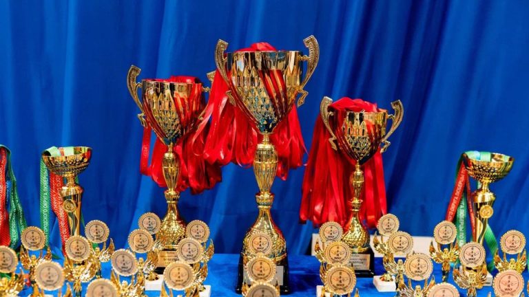 Кубки и медали клуба ДЕРЖАВА за победу на турнире по каратэ в Люберцах 2025